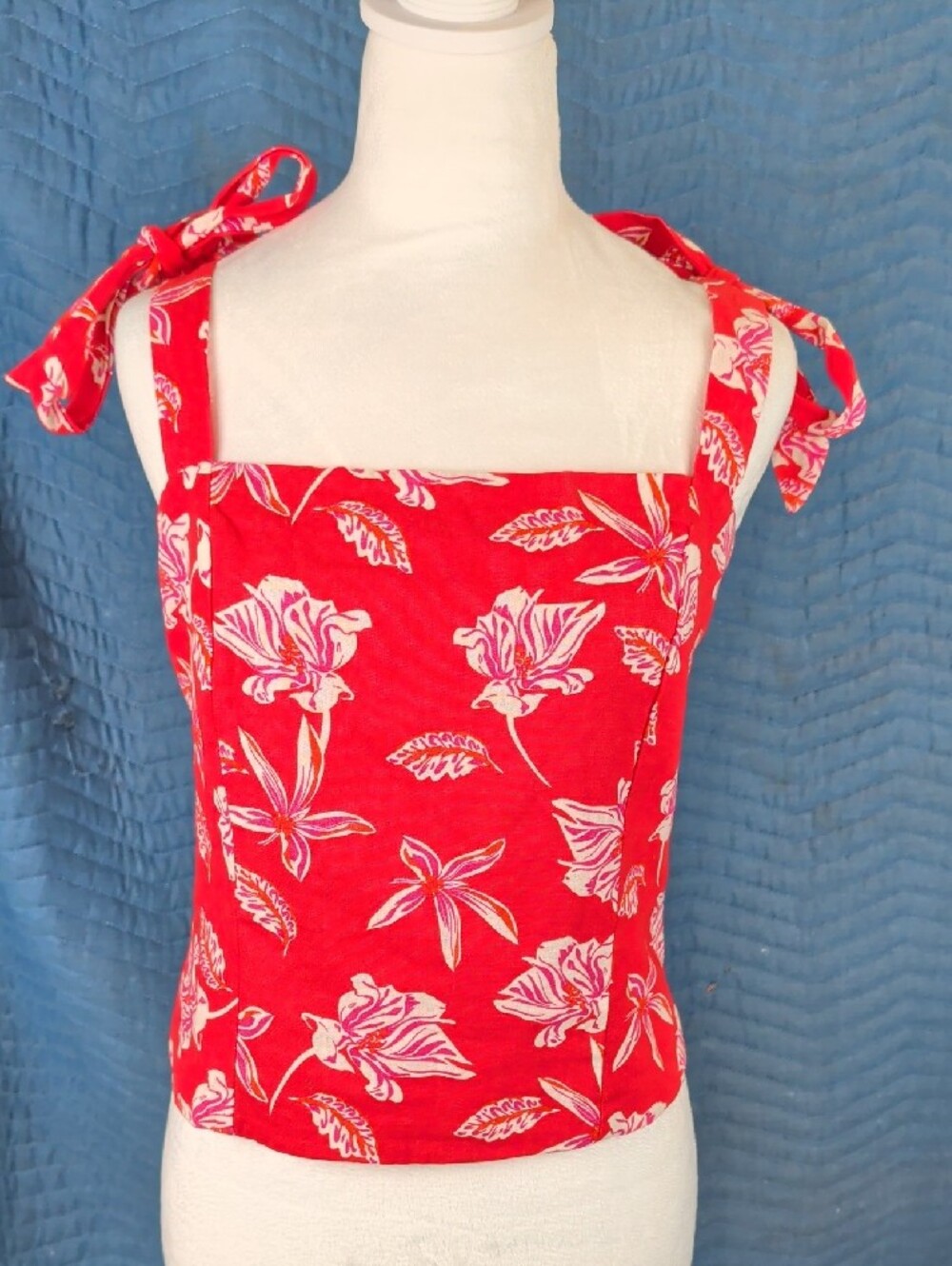 Joie Red Tropical Floral Linen Blend Tie Shoulder Crop Top 12